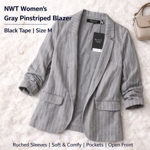 NWT Black Tape Gray Pinstripe Blazer – Ruched Sleeves, Size M